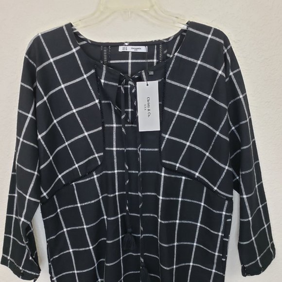 NWT Christy & Co Black/White Plaid Dolman Sleeve Pocketed Cutout Seam Midi Dress - Picture 3 of 16